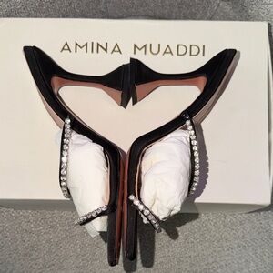 Anina muaddi Black Satin Mules with Crystal Straps